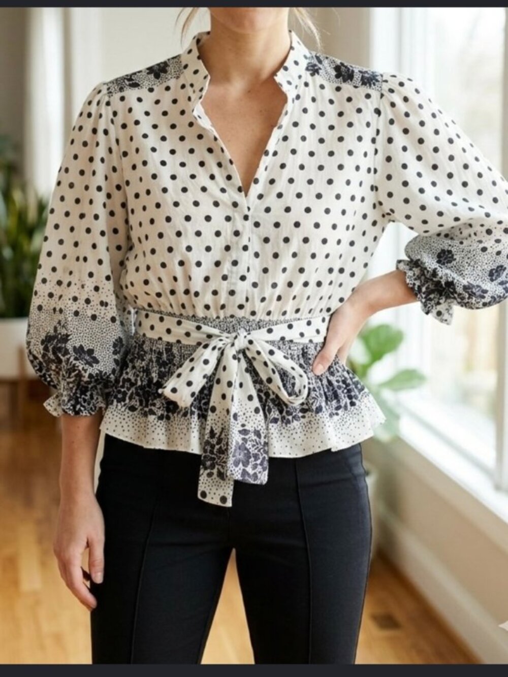 Gracia Fashion black and white polka dot blouse Size L